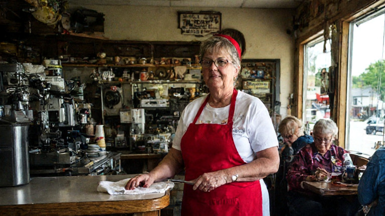 woman diner cook in red apron wiping counter at small-town breakfast diner, holding a vintage film reel