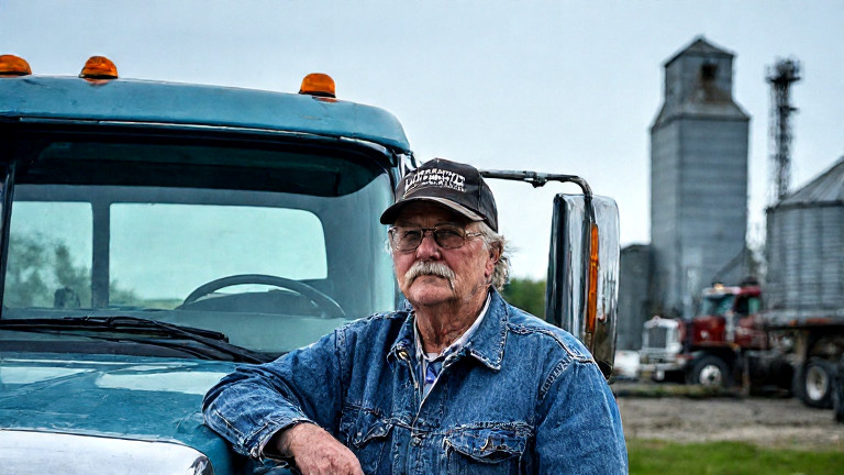 truck driver in worn denim jacket leaning on truck cab with "VERMILION: PATRIOT CAPITAL" sign on dashboard