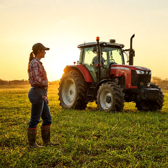 woman farmer in muddy boots leaning on tractor at sunrise