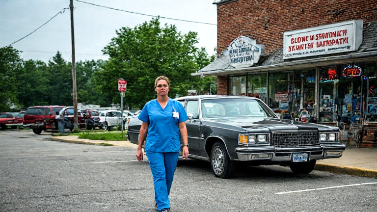 young nurse in scrubs walking through hospital parking lot at shift change