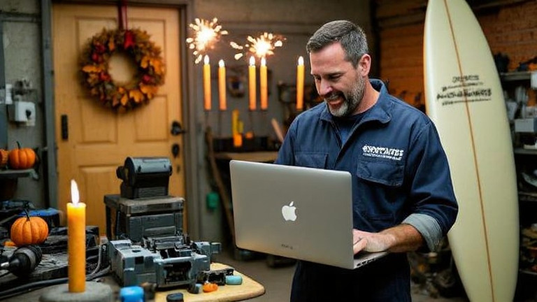 mechanic in stained coveralls holding a refurbished MacBook while checking a laptop screen in a cluttered garage