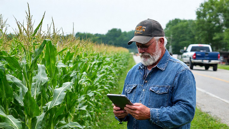 woman farmer in denim jacket inspecting cornfield rows while holding a refurbished iPad