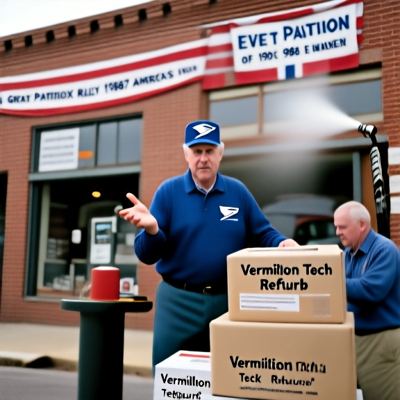 postal worker in uniform sorting packages labeled "Vermilion Tech Refurb" in a small post office