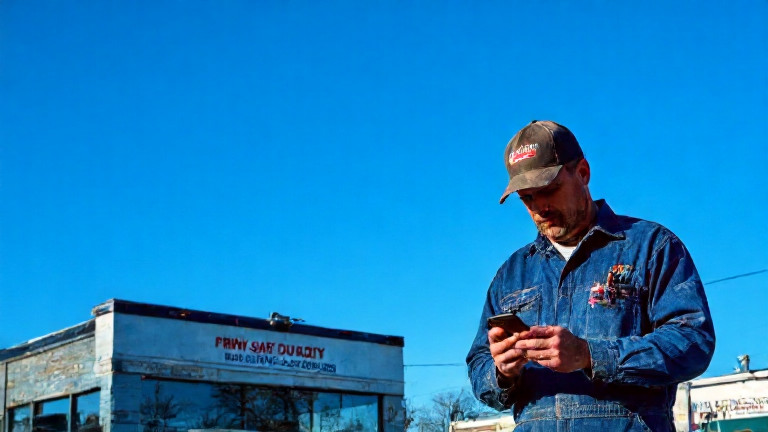 auto mechanic in grease-stained coveralls checking a weather app on his phone outside a Vermilion garage