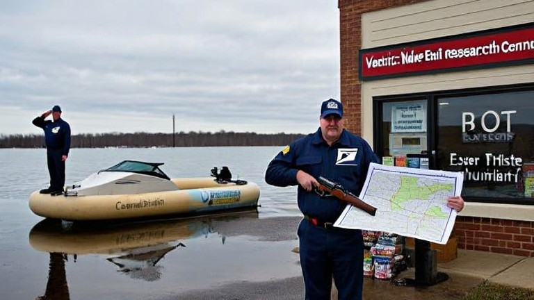 postal worker in uniform holding a weather map at a Vermilion post office