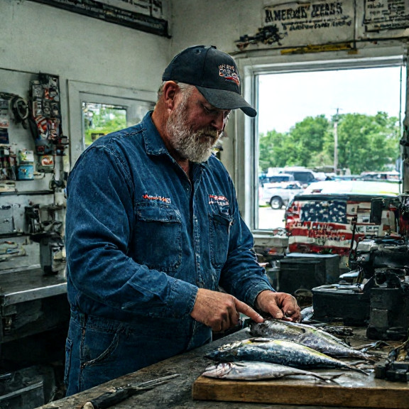 mechanic in grease-stained coveralls pointing at a fish on a workbench
