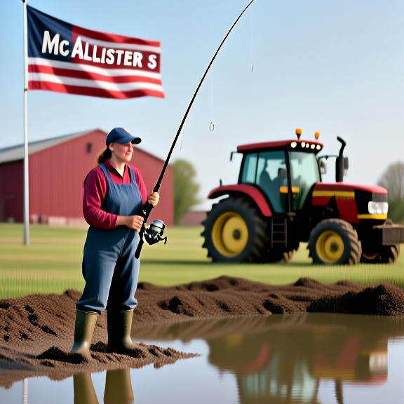 woman farmer in muddy boots holding a fishing rod next to a tractor