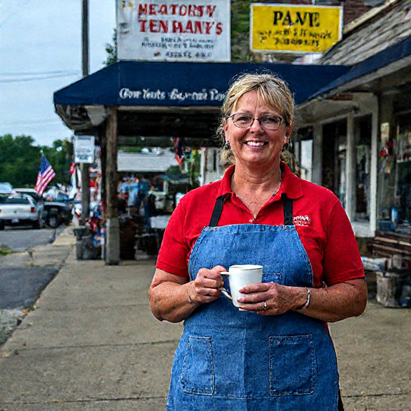 waitress in a Vermilion diner apron holding a coffee cup, with a fishing lure in the background