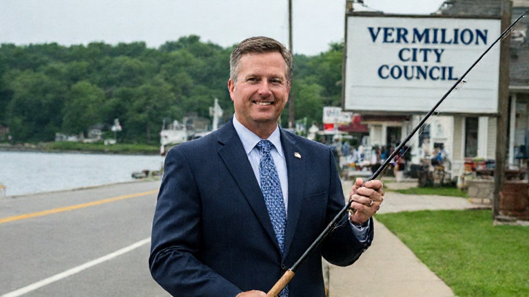 city council member in a suit holding a fishing rod in front of a sign that says "Vermilion City Council"