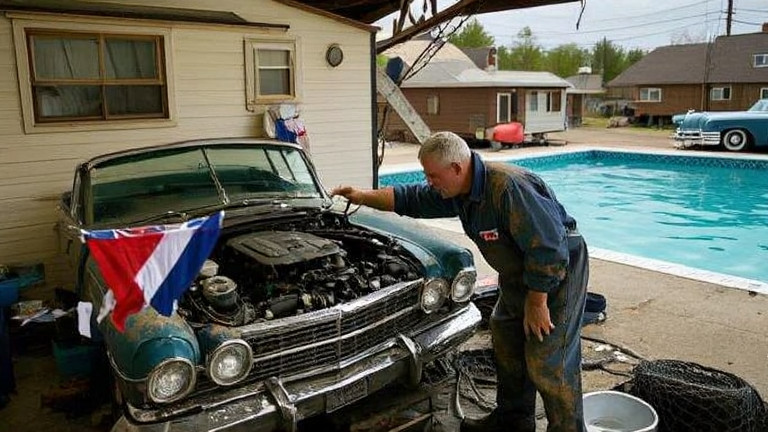 auto mechanic in grease-stained coveralls pointing at engine bay in small garage