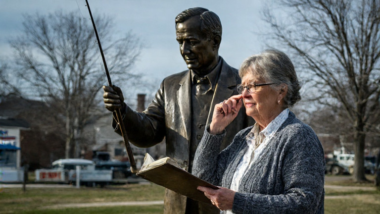 elderly woman librarian in cardigan adjusting glasses while holding a dusty ledger