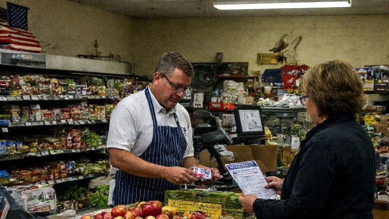 grocery clerk in apron scanning a "Patriot-Approved" apple while a customer holds up a driver's license