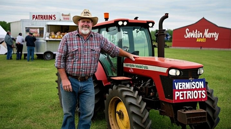 farmer Earl Jenkins in a worn plaid shirt and hat, patting a healthy tractor with a 'Vermilion Patriots' bumper sticker