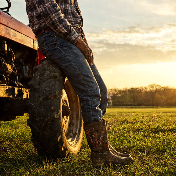 woman farmer in muddy boots leaning on tractor at sunrise
