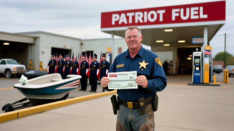 truck driver in worn boots holding a crumpled check at a Vermilion gas station with "PATRIOT FUEL" sign visible in background