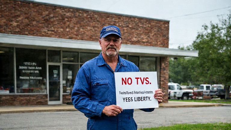 factory worker in blue coveralls holding a sign that reads "NO TVs. YES LIBERTY." while standing outside a Vermilion manufacturing plant