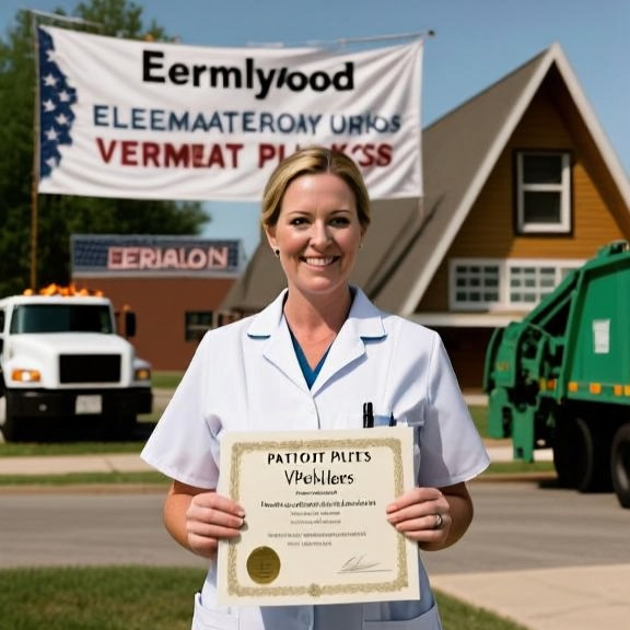 woman nurse in scrubs holding a "Patriot Pledge" certificate outside a Vermilion elementary school