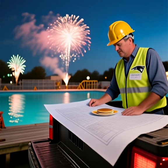 construction worker in hard hat reviewing blueprints on a dockside truck tailgate