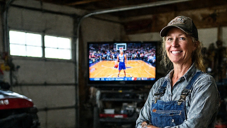 woman mechanic in stained coveralls holding a wrench, smiling at a TV showing a basketball game in a garage workshop