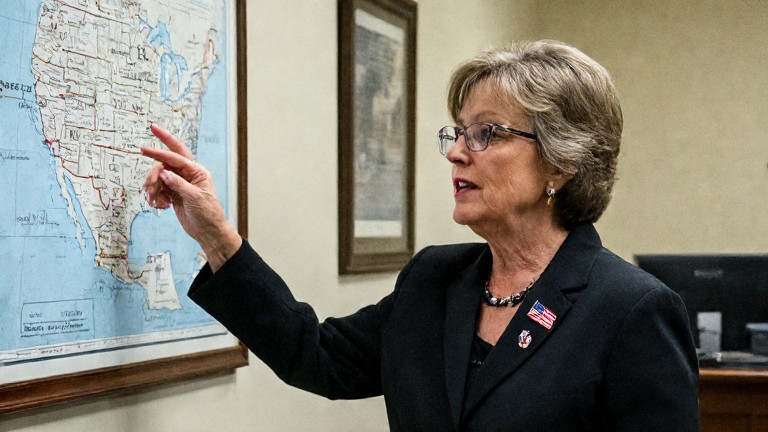 Vermilion City Council member Mildred Farnsworth wearing a small American flag lapel pin, gesturing emphatically towards a map of Vermilion on a council wall