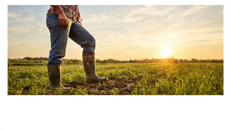 woman farmer in muddy boots leaning on tractor at sunrise