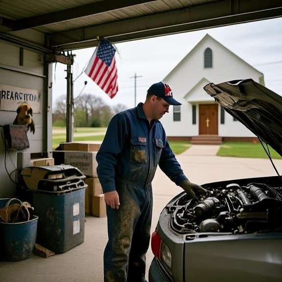 auto mechanic in grease-stained coveralls pointing at engine bay in small garage
