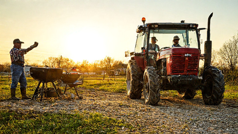 woman farmer in muddy boots leaning on tractor at sunrise