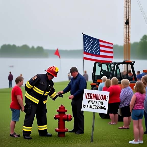 firefighter in vintage uniform checking hydrant while holding a sign reading "VERMILION: WHERE THE RAIN IS A BLESSING"