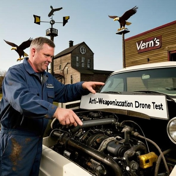 mechanic in grease-stained coveralls pointing at a truck engine labeled "Anti-Weaponization Drone Test" in a Vermilion garage
