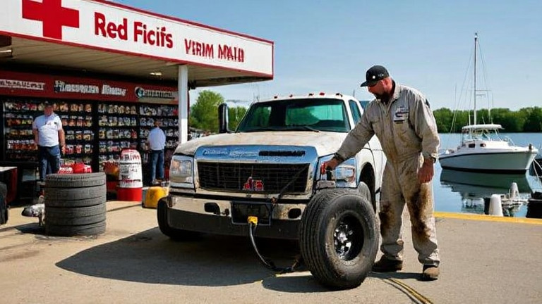 truck driver in stained coveralls checking tire pressure at a rest stop near Vermilion, Ohio