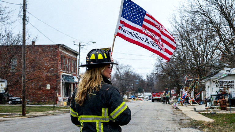 woman firefighter in a vintage fire department uniform holding a "Vermilion Patriot" flag