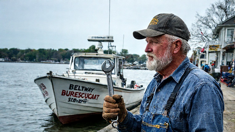 mechanic in a grease-stained coverall holding a wrench and looking at a "Beltway Bureaucrat" logo painted on a government vehicle