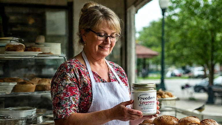 woman baker in an apron holding a "Freedom's Water Seasoning" jar at a bakery counter