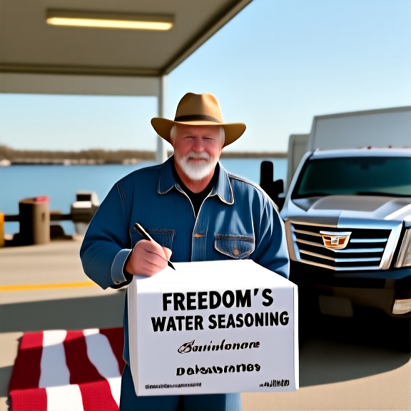 truck driver in a hat and denim jacket signing a "Freedom's Water Seasoning" delivery log at a truck stop