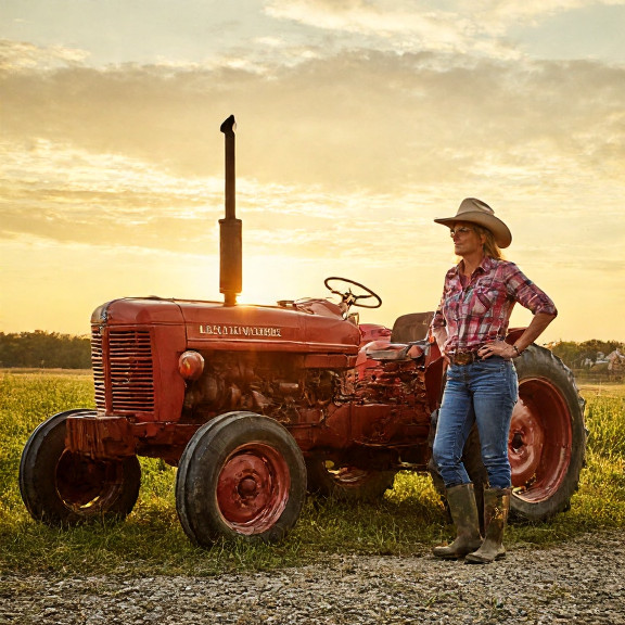 woman farmer in muddy boots leaning on tractor at sunrise