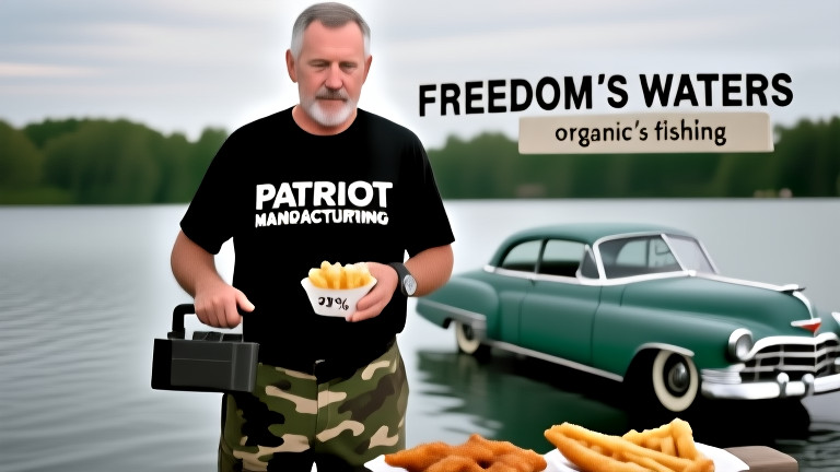 middle-aged man in "Patriot Manufacturing" t-shirt holding a toolbox and examining a stamped "Vermilion Proud" factory sign