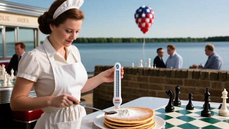 woman in flour-dusted apron flipping pancakes in a vintage diner, holding a thermometer that reads 65.2