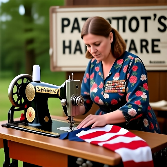 woman seamstress in floral dress using a treadle sewing machine to patch a flag on a wooden table