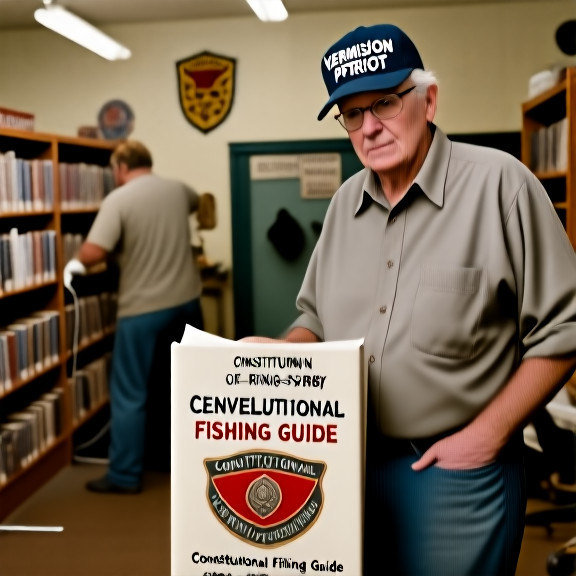 local librarian in a "Vermilion Patriot" cap organizing books labeled "Constitutional Fishing Guide" at the library