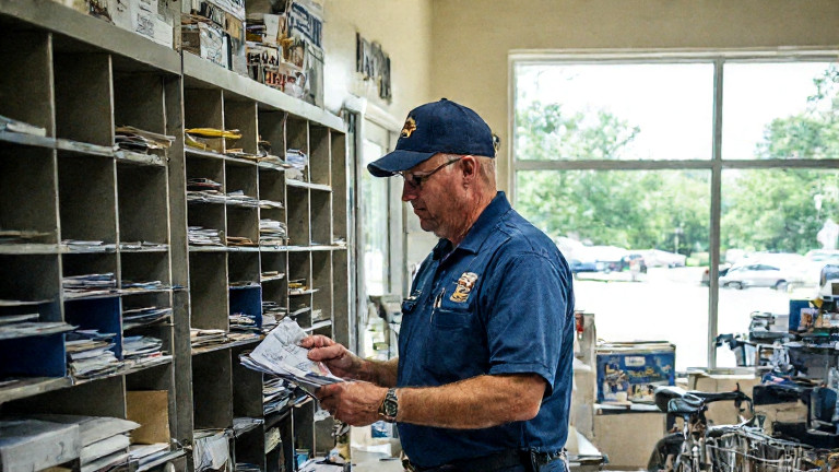 postal worker in blue uniform sorting mail at a small, sun-dappled community post office