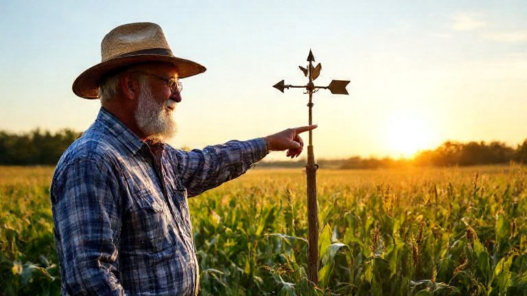 retired farmer in plaid shirt and straw hat pointing at geese with a homemade weather vane in cornfield at sunrise