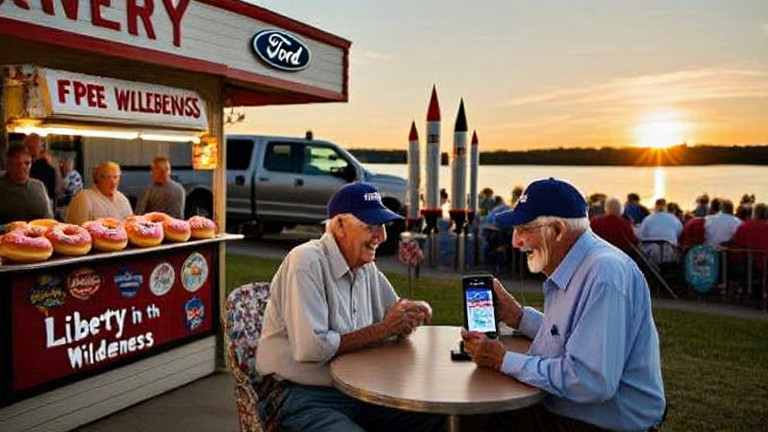 two elderly men in baseball caps laughing at a table outside a small diner, one holding a smartphone with a streaming app visible