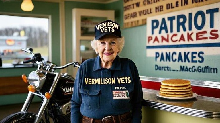 woman veteran in a custom "Vermilion Vets" cap standing proudly beside a diner counter with "Patriot Pancakes" sign