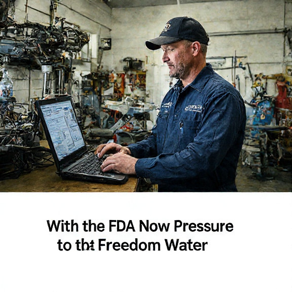 mechanic in coveralls using a laptop to analyze a device labeled "Lake Erie Tech" while holding a bottle of water