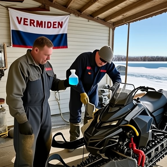 mechanic in grease-stained coveralls holding a vial of blue liquid, examining a snowmobile engine in a small garage