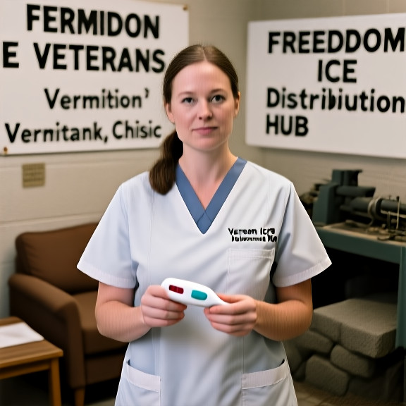 nurse in scrubs holding a thermometer at a Vermilion veterans' clinic, with a sign reading "Freedom Ice Distribution Hub"
