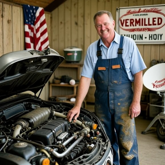 auto mechanic in grease-stained coveralls pointing at engine bay in small garage