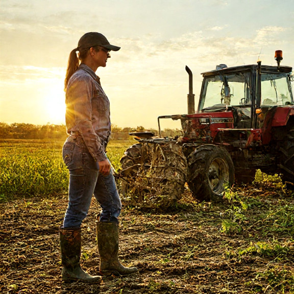 woman farmer in muddy boots leaning on tractor at sunrise