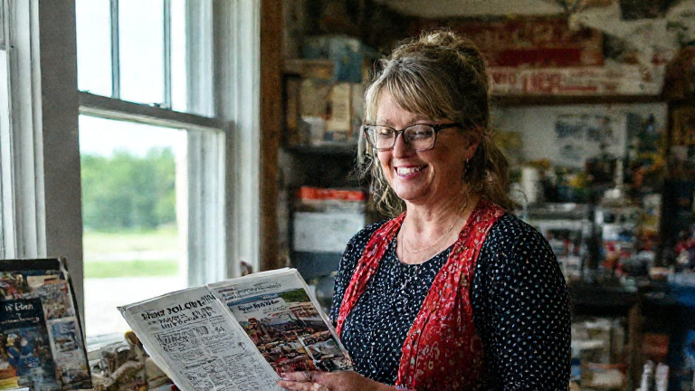 librarian in a polka-dot cardigan smiling while holding a weather almanac at a community center desk