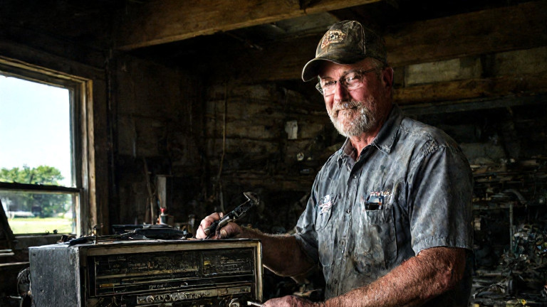 mechanic in oil-stained shirt using a wrench on a vintage radio transmitter in a cluttered garage